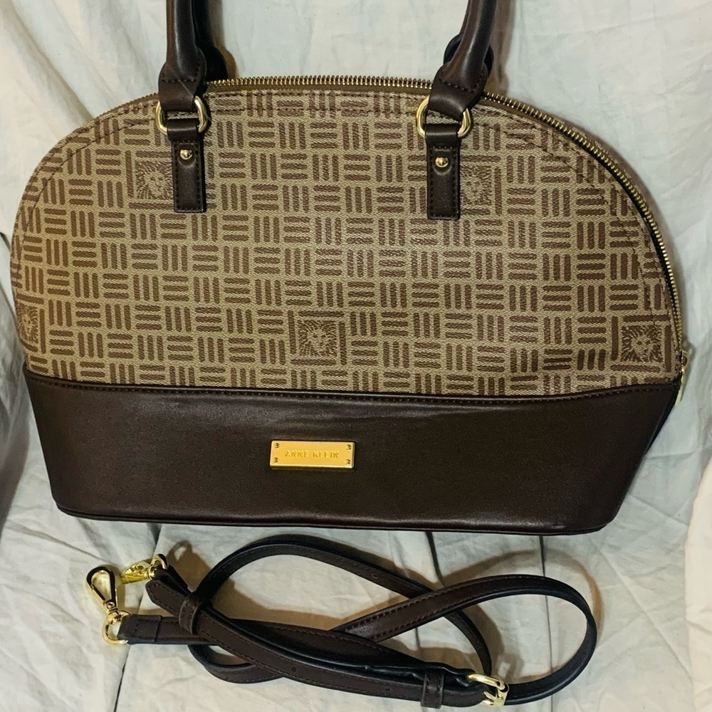 Anne Klein Tan & Brown Leather Purse w/‎ Removable Adjustable Strap